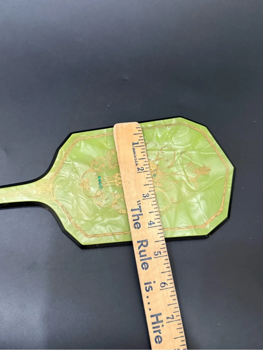 Vintage Art Deco Pearlized Lime Green Celluloid or Lucite Hand Held Mirror